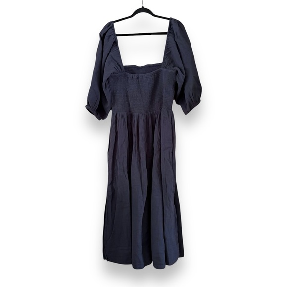 Quince Organic Cotton Gauze Smocked Square Neck Midi Dress Indigo Blue NWT Large - Picture 3 of 6